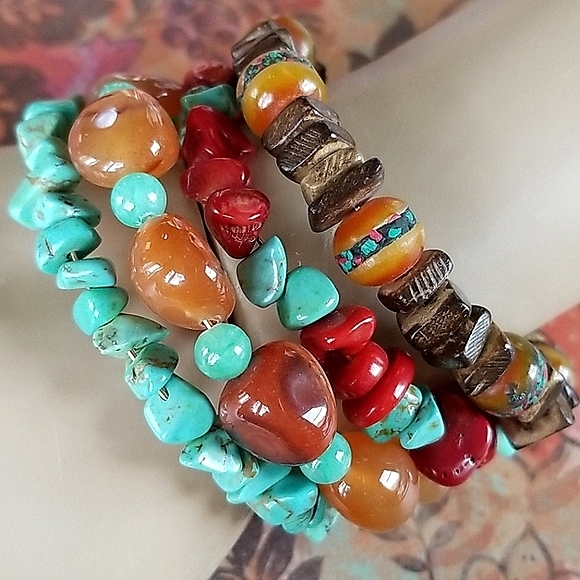 Hand Crafted Boho Tibetan Agate, Turquoise and Amber Wrap Bracelet - Picture 9 of 16